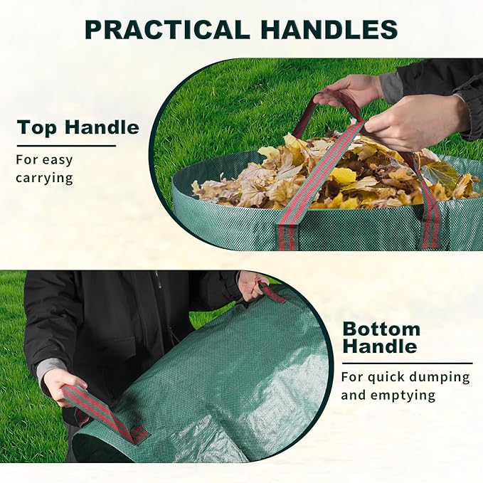Reusable Yard Waste Bags, 72 Gallons Lawn and Leaf Bags Heavy Duty Garden Waste Bags with Reinforced Handles, 3 Pcs Foldable Leaf Collector Bag for Loading Garden Leaves, Trash - Green