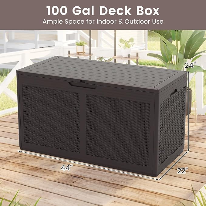 RELAX4LIFE 100-Gallon Resin Deck Box - Waterproof Outdoor Storage Box Container w/Lockable Lid & Wheels, Faux Rattan Porch Bench for Patio Furniture Cushions, Pool Accessories, Garden Tools (Brown)