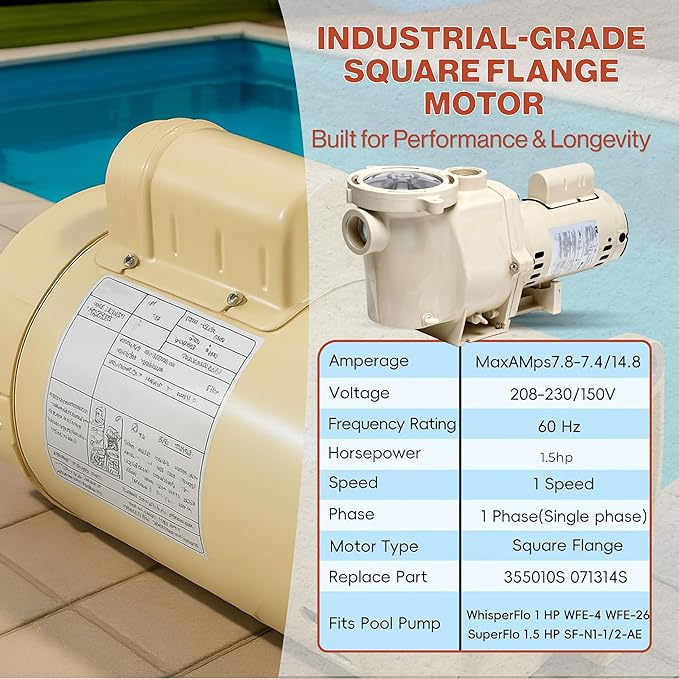 Swimables 011514 WhisperFlo 1.5 HP Single Speed Pool Pump - High Performance Premium WhisperFlo Pool Pumps Replacement - Quiet, Energy Efficient 1.5 HP Inground Pool Pump for Long-Lasting Power