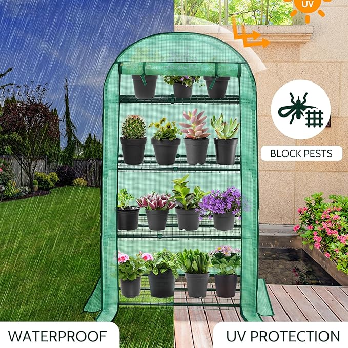 EAGLE PEAK 4-Tier Mini Greenhouse Portable Green House with Shelves & Weather-Resistant PE Cover, Small Greenhouse for Seedlings & Gardening Gifts, 32x18x63 in, Clear/Green