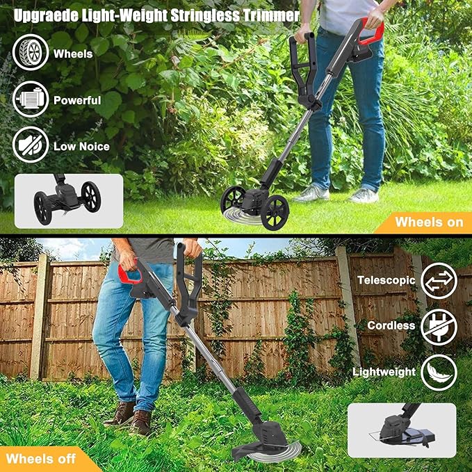 Cordless Weed Wacker Eater Battery Powered, 21V Lightweight Electric Weed Trimmer with 2 Battery Operated & Charger& Wheels & Shears, No-String Grass Trimmer/Brush Cutter/Lawn Edger for Yard Garden