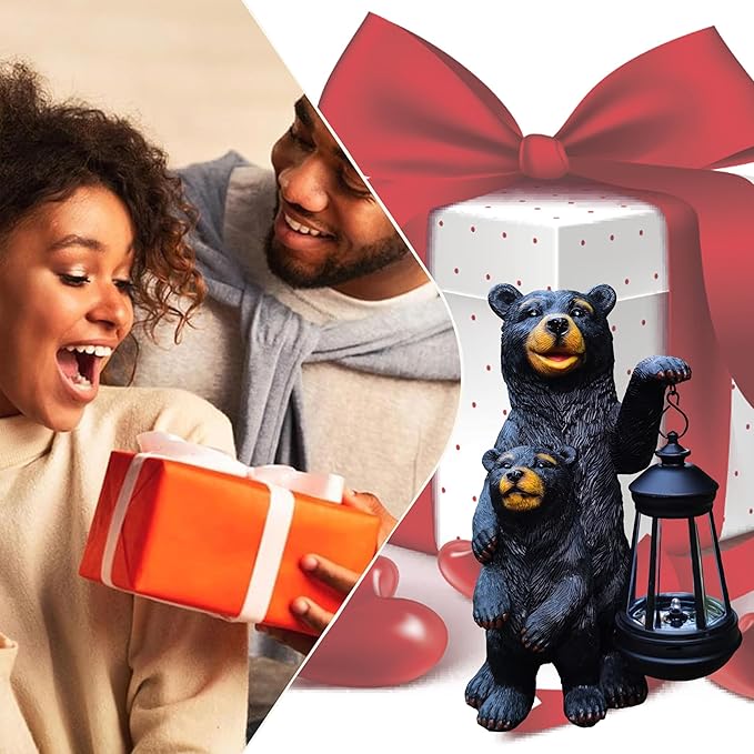Black Bear Solar Lantern Garden Statues，Loving Bear Figurine Lights for Outside Decoration ,Lawn Outdoor Decor for Patio,Balcony,Yard-Unique Gift for Grandma Wowen Mom