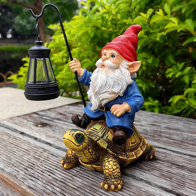 Garden Gnome Statue Riding Turtle - Garden Gnomes Decorations with Solar LED Lights, 7.9" Outdoor Resin Figurine Ornament for Patio, Yard, Funny Lawn Decor (Colored)