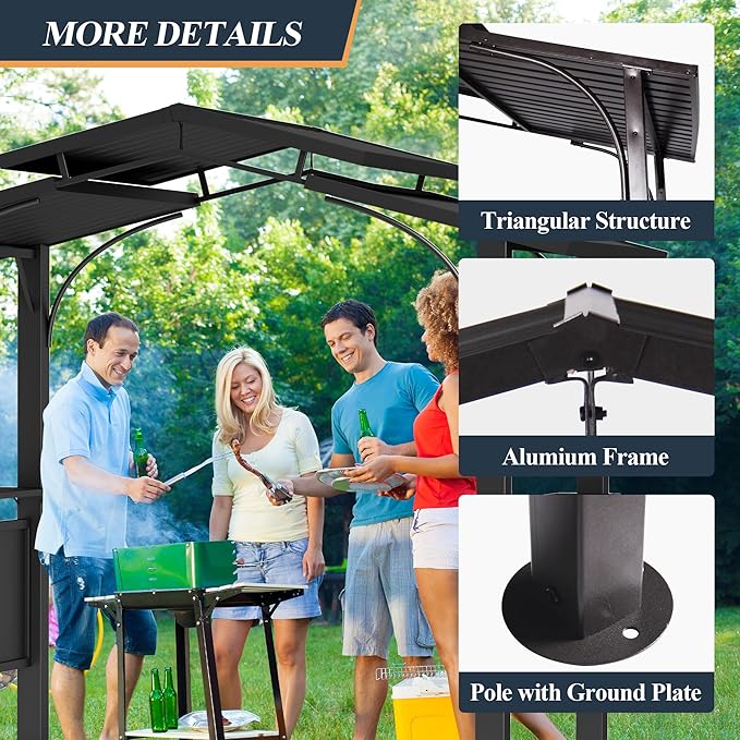 8x5Ft Hardtop Grill Gazebo,Double Tiered Roof BBQ Gazebo with 2 Side Shelves Metal Frame Grill Gazebos for Outdoor,Patio, Backyard, Garden