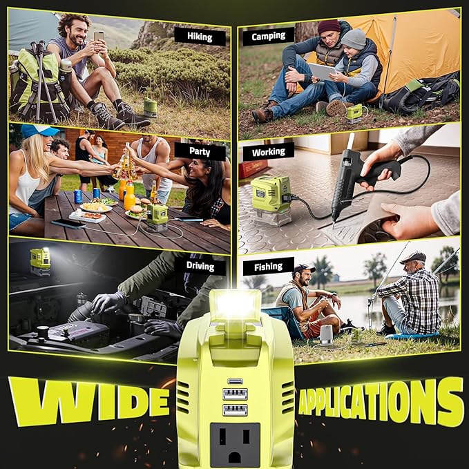 Portable Power Inverter Compatible with Ryobi,Ecarke Real 200W Outdoor Generato Battery Converter with 2 USB&LED&AC Powered Outlet,Convert DC 18V to AC 110V Portable Power Station(No Battery)