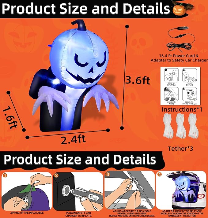 3.6 Ft Halloween Trunk or Treat Inflatable Car Decorations Kit, Blow Up Pumpkin Ghost Built in Blue LED Lights Quick-Inflating Outdoor Decor for Car, Halloween Party Yard Decor
