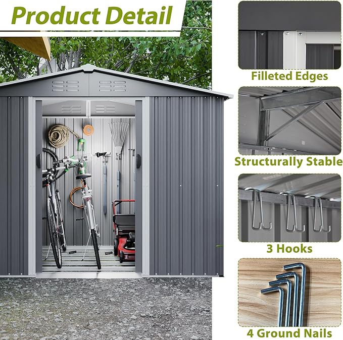 Metal Outdoor Storage Sheds 8 x 6 FT Lockable Metal Garden Shed Steel Anti-Corrosion Storage House with Double Lockable Door for Backyard Outdoor Patio