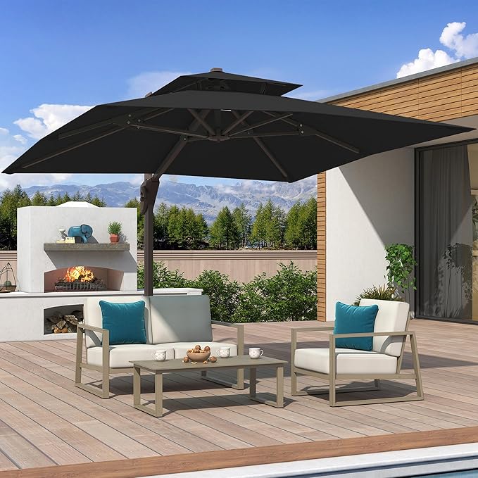 10x10 FT Cantilever Patio Umbrella with Base Included Double Top Outdoor Square Large Heavy Duty Aluminum Offset Umbrellas with 7 Level Tilt 360-degree Rotation for Pool Garden Deck,Black