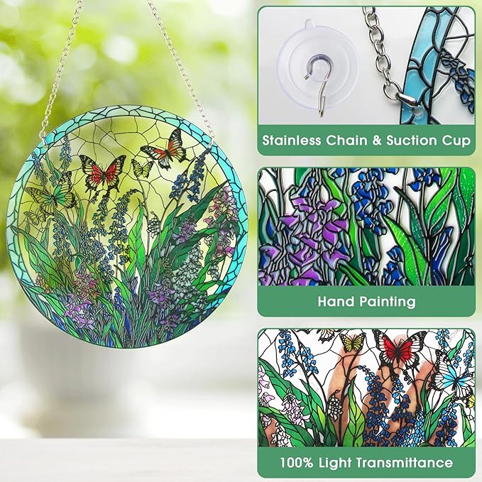 Stained Glass Window Hanging, Hand-Painted Butterfly and Flowers Suncatcher, 6 Inch Round Glass Panel Indoor Window Art, Home and Garden Decor, Mother’s Day