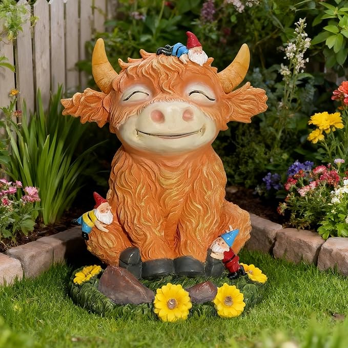 Solar Garden Statue Highland Cow Figurine with Funny Gnomes Garden Outdoor Decor for Yard Patio Lawn Christmas Housewarming Gifts for Women,Mom,Grandma (Yellow)