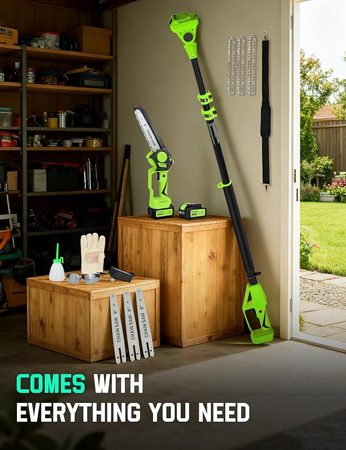 Pole Saws for Tree Trimming, 2-in-1 Electric Pole Saw & 8” Mini Chainsaw Cordless with Extension Pole, 15FT Max Reach Pole Saw Battery Powered, Tree Trimmer Limb Branch Cutter Pruner, 2×3.0Ah Battery
