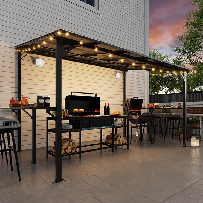 MEISSALIVVE 8' x 12' Wall Mounted Gazebo, Outdoor BBQ Grill Gazebo with Side Shelf, Lean to Metal Awnings with Sloped Roof, Heavy Duty Pergola for Backyard, Deck, Black