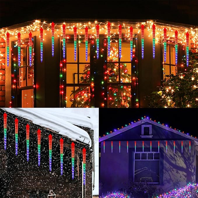 WATERGLIDE 16 Icicles Meteor Shower Lights, 12" Outdoor Christmas Icicle 384 SMD LED Crystal Ice Falling, Connectable Raindrop, Xmas Winter Party Tree Holiday Decor, Multicolor