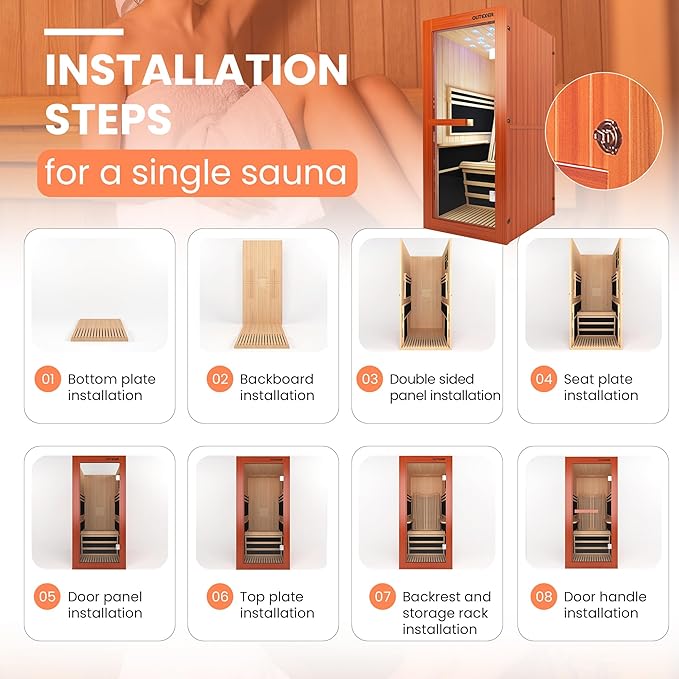Infrared Sauna 1495W Wooden Saunas Spa Room Pacific Clear Cedar Wood Single Person Indoor Saunas with Special Shaped Comfortable Backrest 32.68 * 47.24 * 69.29 Inch