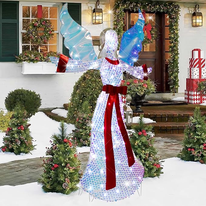 5FT Lighted-up Angel Christmas Decoration, 3D Halo Wings Angel Glitter Decor with LED Lights, Holiday Decorate The Yard Garden Lawn Porch