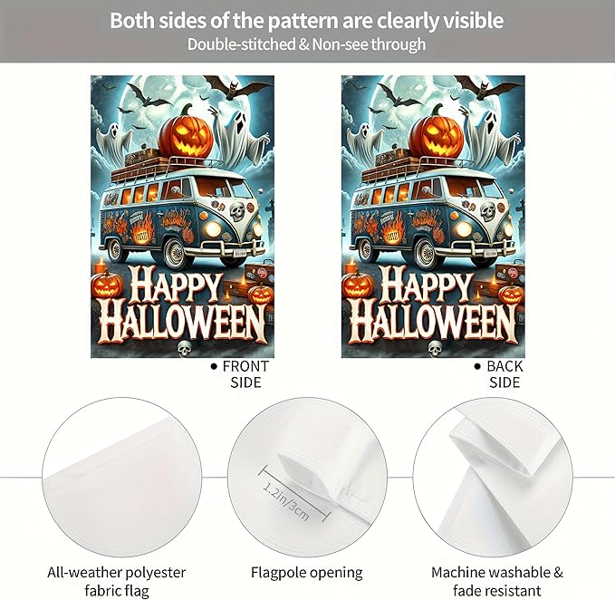 Happy Halloween Garden Flag 12x18 Inch Double Sided Spooky Truck Garden Flag Pumpkins Jack-o'-lantern Ghost Welcome Flag Yard Outdoor Decorative Outside Banner