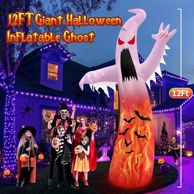 1PCS 12FT Giant Halloween Inflatables Decoration Ghost with 3-Colored Flame Rotation LED Light Spooky Halloween Decorations Outdoor Blow Up Yard Decoration for Home Lawn Holiday Party