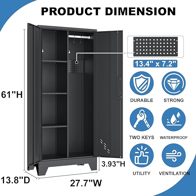 61" Outdoor Storage Cabinet, Heavy-Duty Metal Lockable Storage Shed with Ventilated Doors & Pegboard Hooks, Tool Cabinet for Garage, Garden & Patio, Easy Assembly