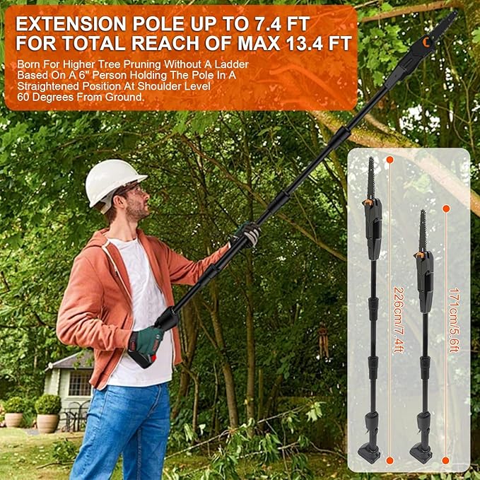 Pole Saw, 2025 Upgraded 6-Inch Cordless Pole Saws for Tree Trimming, 13-Feet MAX Reach Electric Pole Saw, 33ft/s Cutting Speed, Pole Chainsaw Tree Trimmer with 2Pcs 3000mAh Battery & Charger