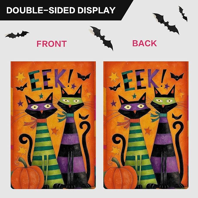 Halloween Black Cats Garden Flag EEK Pumpkins Holiday Garden Flag Vertical Double Sided Rustic Farmland Burlap Yard Lawn Outdoor Decor 12.5x18"