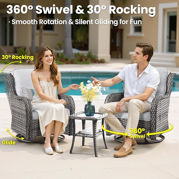 ovios 5 Pieces Patio Furniture Set, Outdoor Wicker Sofa Couch with Swivel Chairs Solar Lights Table, High Back All Weather Modern Conversation Sets, Grey Rattan, Grey