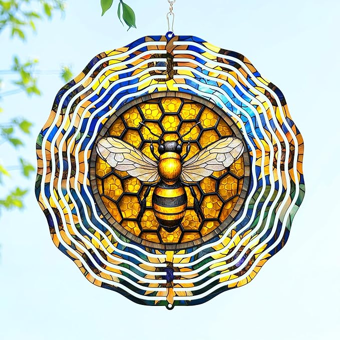FLAGWIX Christmas Bee Wind Spinners Outdoor - 3D Stainless Steel Metal Wind Spinners 12 in - Bee Gifts Decorations for Home, House Outdoor Garden Decor for Outside, Christmas Garden Gifts for Women