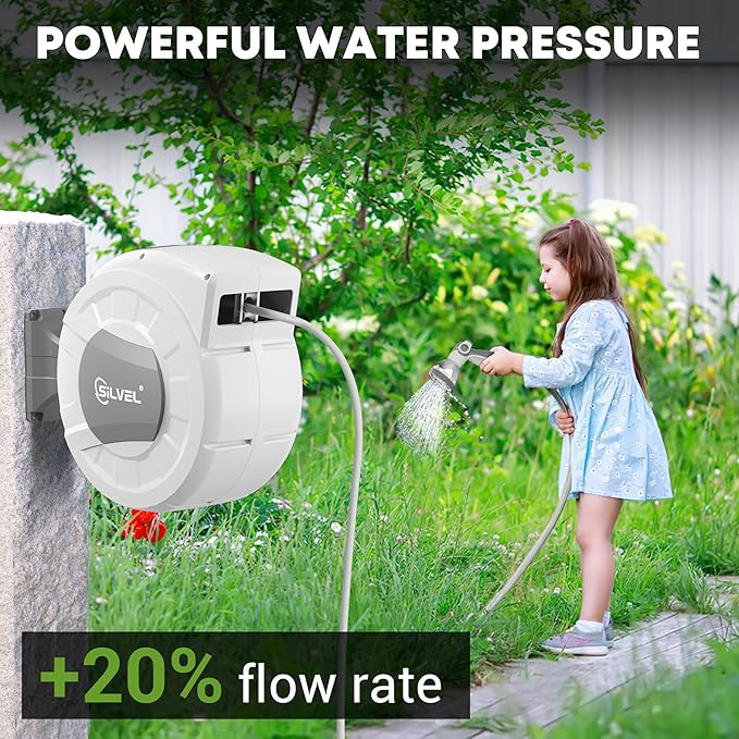 SILVEL Retractable Garden Hose Reel,1/2 in x 75ft Wall Mount Heavy Duty Automatic Hose Reel with 10 Pattern Nozzle, Any Length Lock & Slow Return System, 180°Swivel Bracket Upgraded UV Resistant