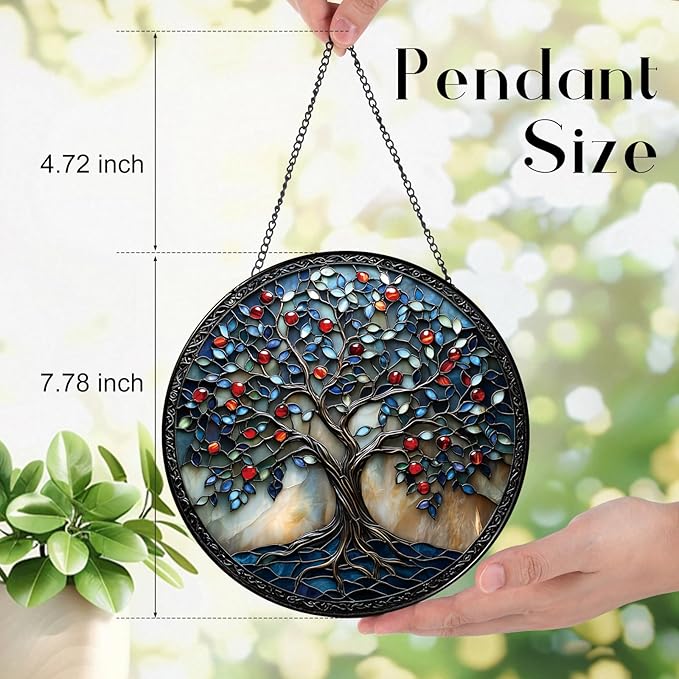 Colorful Tree of Life Suncatcher -7.9 in Stained Glass Window Hanging Sun Catcher Garden Decor