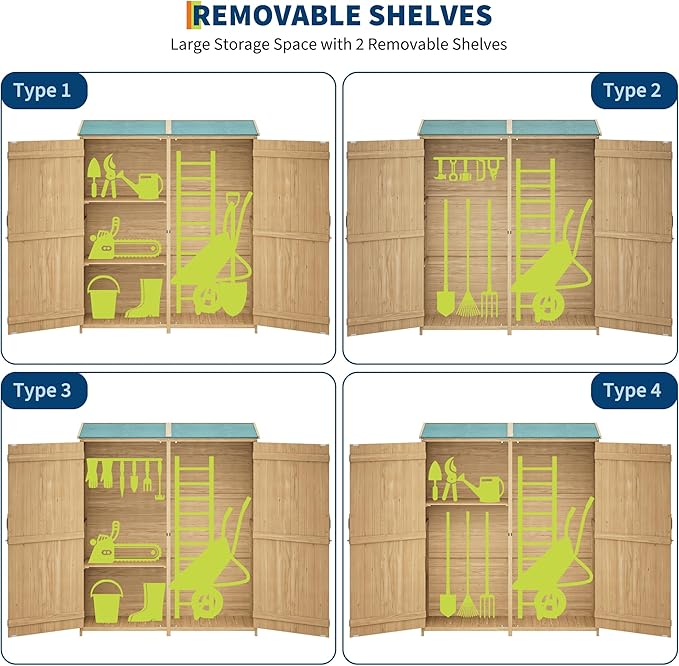Outdoor Wooden Large Storage Cabinet Garden Shed Outside Wood Tool Organizer with Waterproof Roof Shelves 2 Doors & Adjustable Shelving for Garden Yard Organization