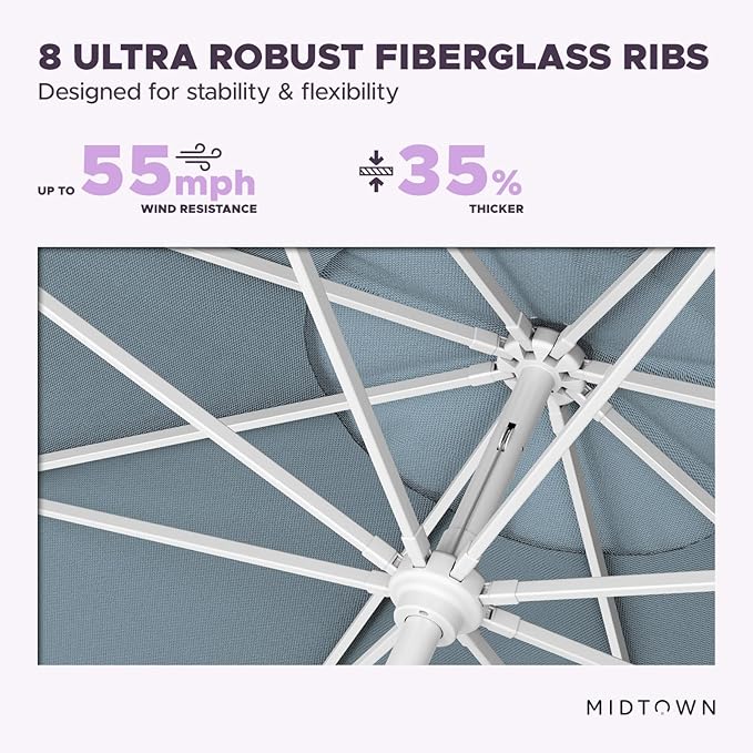 Midtown Umbrellas The Swilt 8 Feet Patio Umbrella in Sunbrella Canvas Haze Acrylic Fabric - Fiberglass Ribs, Auto-Tilt Aluminum Frame For Backyard, Deck, Garden, Pool - White Pole
