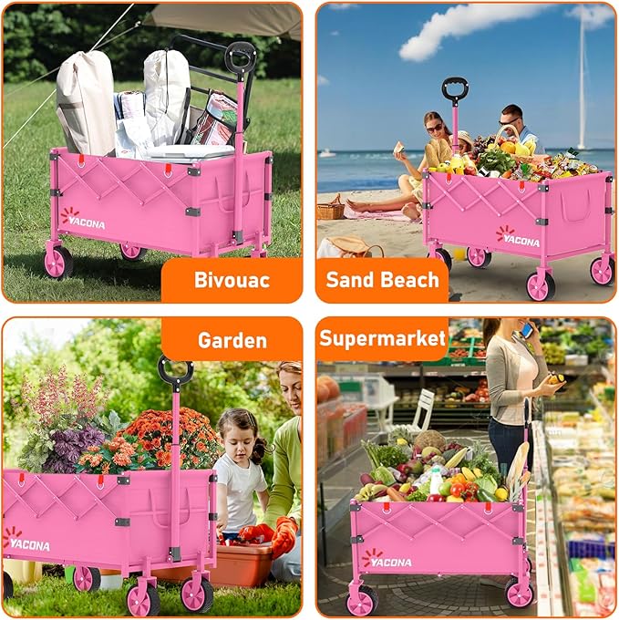Wagons Carts Foldable, Lightweight Portable Utility Shopping Cart with Wheels, Folding Grocery Wagon Cart for Grocery, Camping, Shopping, Beach, Garden, Sports Pink