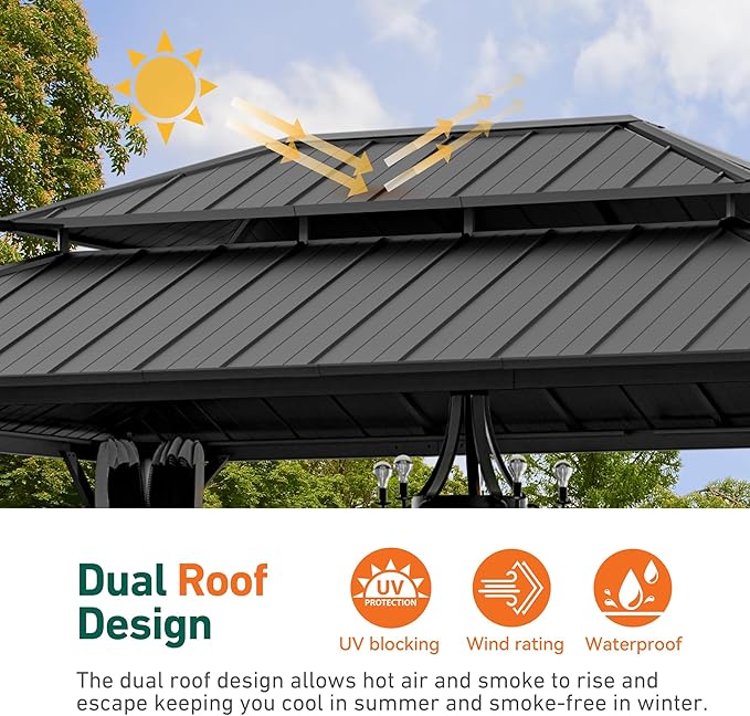 Modern Shade The Horizon Hardtop Gazebo 12' x 16' with 4 LED Lights, Permanent Outdoor Gazebo with Galvanized Steel Double Roof, Grill Pavilion with Decor Hooks, Mosquito Nettings, Black
