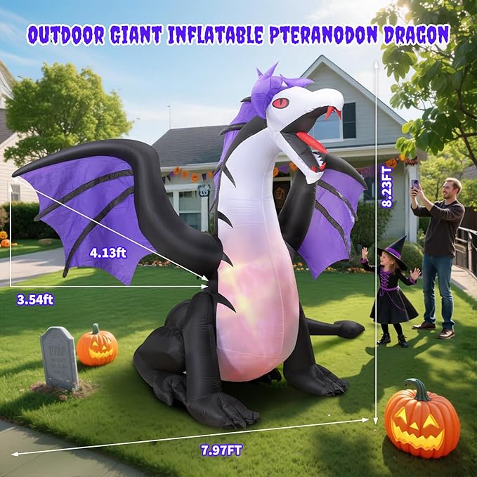 8FT Inflatable Pteranodon Dragon Decoration with LED Lights, Open Mouth & Sharp Teeth – Giant Blow Up Halloween Inflatables for Yard, Lawn, Garden, Holiday Fun Decor, Gifts for Kids & Adults