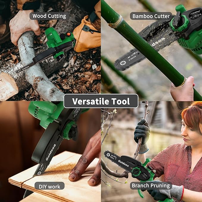 Mini Electric Chainsaw 6 inch, Goldsea Cordless Chainsaw with 2 Rechargeable Battery 21v and chains, Small Powered Handheld Chain Saws for Gardening Wood/Tree Cutting Branches