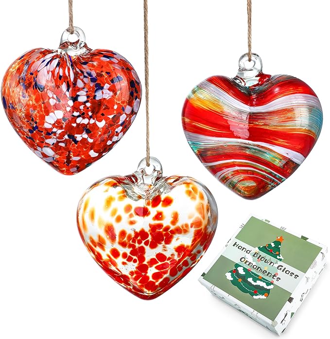 4inch Hand Blown Glass Red Heart Ornaments Hanging Friendship Hearts for Patio Garden Outdoor Decor Unique Gift for Mom