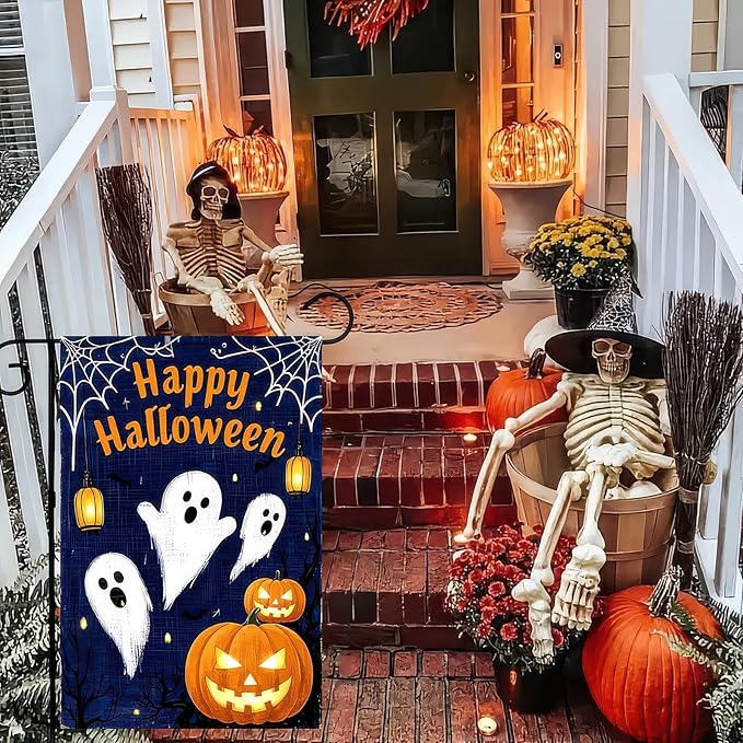 Garden Flags 12x18 Inch Halloween Ghost Pumpkin Banner Outdoor Scary Yard Sign Spooky Night Fall Lawn Porch Decor for Home Welcome Party Garden Flag