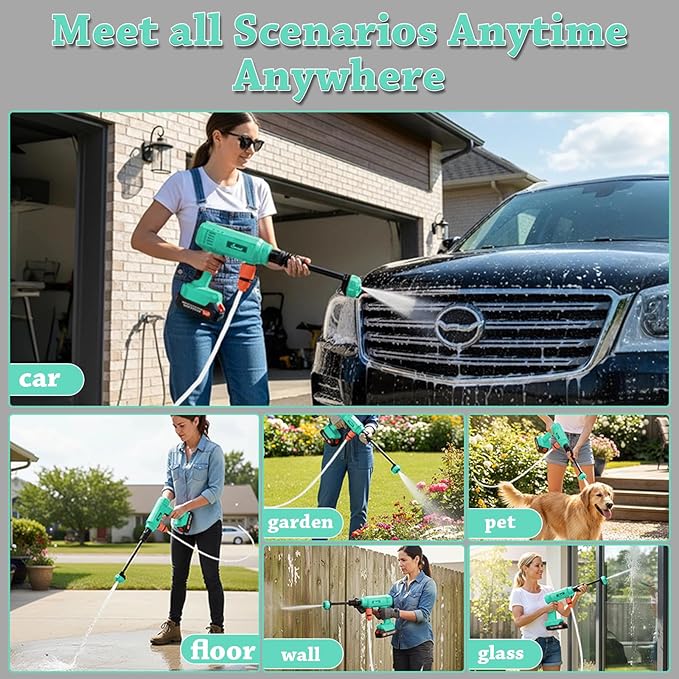 Power Washer,1200 PSI Cordless Pressure Washer with 2×21V Battery&6-in-1 Multi-Function Nozzle,Portable Pressure Washer Suitable for Cleaning Vehicles, patios, Glass, Floors, and Watering Plants