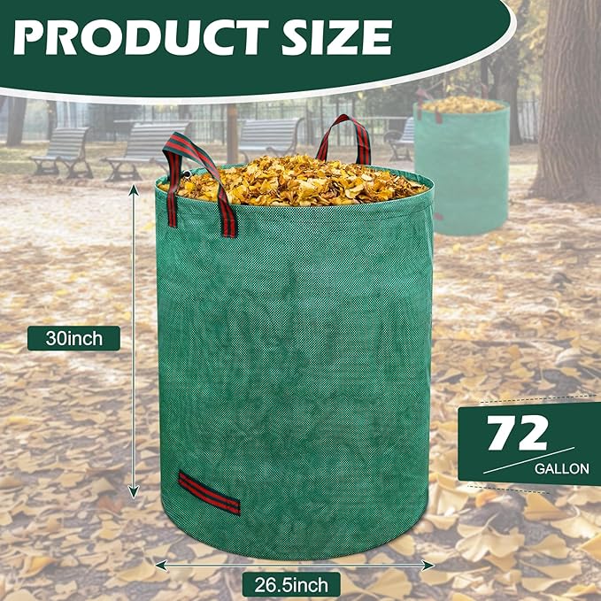 72 Gallons Lawn and Leaf Bags,Reusable Yard Waste Bags with Gardening Gloves,Heavy Duty Garden Bags with 4 Handles for Lawn Care, Camping & Recycling(3 Pack）