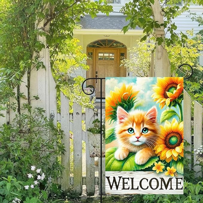 Spring Garden Flag 12x18 Inches Double Sided Cute Cat Welcome Yard Flags Sunflower Summer Seasonal Flower for Outside Decor Home Farmhouse Holiday Decorations
