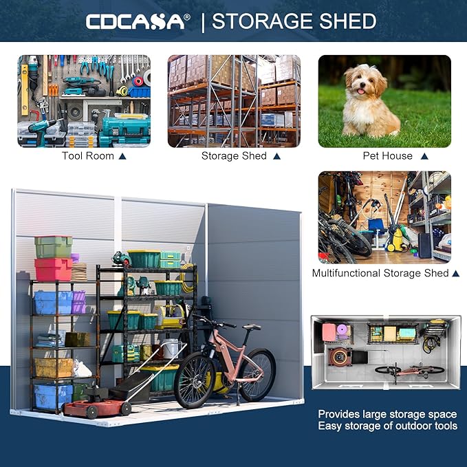 CDCASA 4x8 FT Resin Lean to Shed, Waterproof Outdoor Storage Sheds with Floor & Adjustable Openable Windows, Outside Plastic Tool Shed for Backyard Patio Poolside Garden, Gray