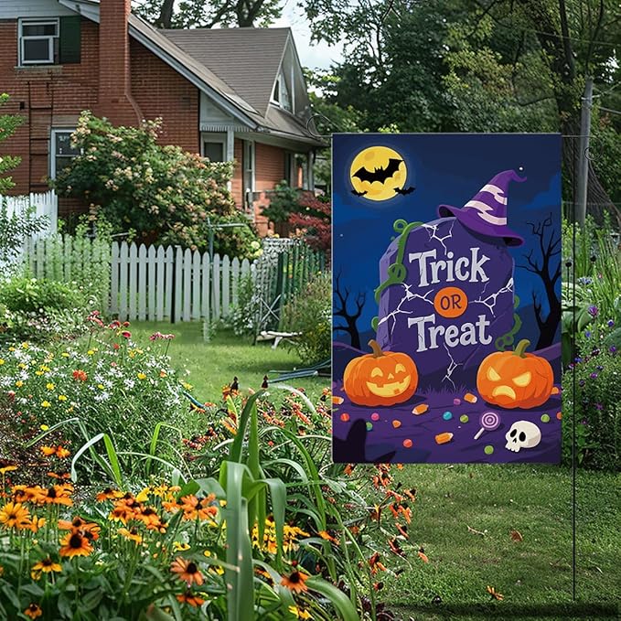 Halloween Garden Flag Trick or Treat Bat Pumpkins Fall Halloween Themed Holiday Party Outside Outdoor Lawn Decorations Yard Flag Double Sided 12x18 Inch