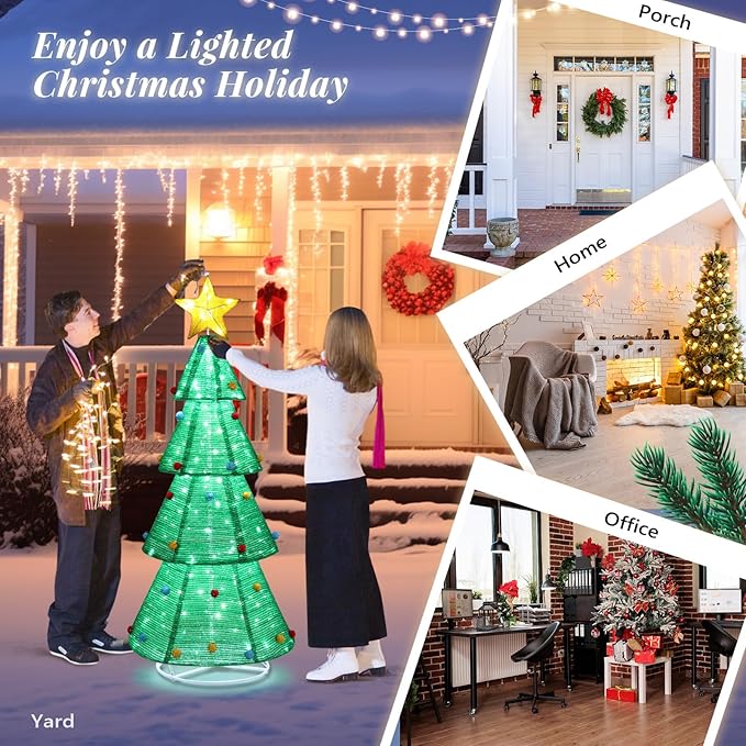 Outvita 6ft Christmas Tree Decorations, Lighted Christmas Tree Foldable Outdoor Holiday Decorations with 200 LED Lights and Metal Stakes for Yard Garden Lawn