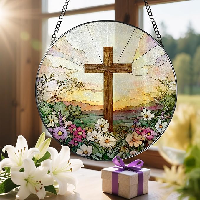 8 Inch Stained Glass Cross & Wildflowers Suncatcher Christian Hanging Ornament Gift for Religious Occasions