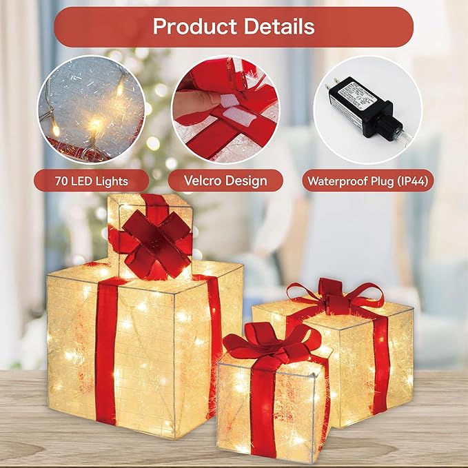 Set of 4 Christmas Lighted Gift Boxes, 3.3FT 70 LED Stackable Light Up Present Boxes for Christmas Decorations Indoor Outdoor Yard Lawn Porch Home Decor(4 Piece Set)