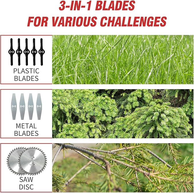 ALSO GO Cordless Weed Wacker, Grass Trimmer Fordable with 2 pcs Batteries & Charger, 3 in 1 Stringless Lightweight Weed Eater/Brush Cutter/Edger/Mower with 3 Types Blade & Wheels for Garden Yard Lawn