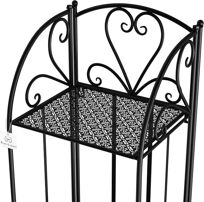 Pure Garden Plant Stand 2-Tiered Indoor or Outdoor Decorative Vintage Look Wrought Iron Garden Cart for Patio, Deck, Home or Lawn (Black)