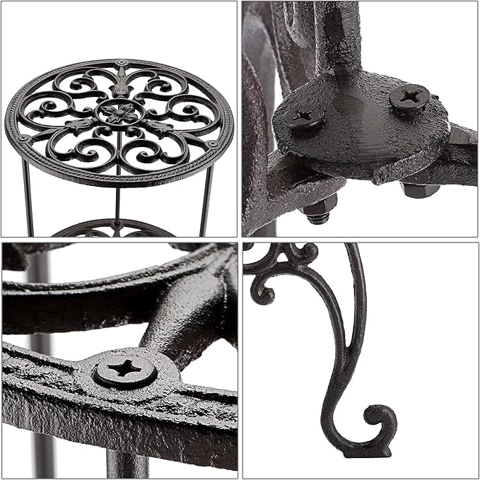 OwnMy Heavy Duty 2 Tiers Cast Iron Plant Stand, Vintage Iron Flower Pot Holder, 2 Layers Tall Decorative Potted Plants Stand Rack, Indoor Outdoor Large Plant Holder for Garden Patio, Retro-Brown