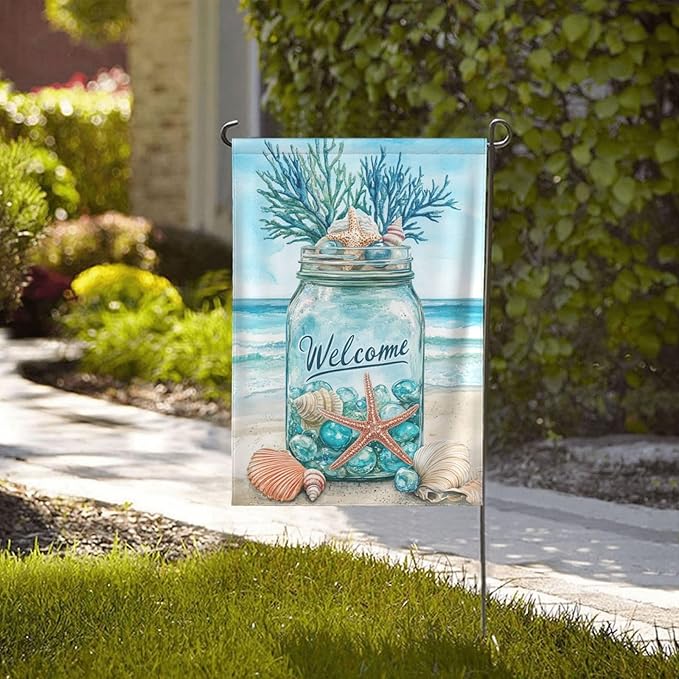 Seashells Ocean Garden Flag Vertical Double Sided Outdoor Yard Flags 12.5x18 Inch Burlap Banners Vertical Double Sided for Outdoor Decor Lawn