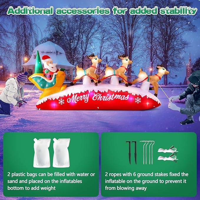 Danxilu Christmas Inflatables 10 FT Long Santa Sleigh with Reindeer Outdoor Decorations, Built-in Colorful LEDs Santa Claus Deer Sled Blow Up Yard Decoration for Outside Lawn Holiday Xmas Decor