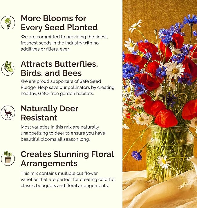 Eden Brothers Vermont Wildflower Mixed Seeds for Planting, 1 oz, 30,000+ Seeds with Cosmos, Cornflower | Attracts Pollinators, Plant in Spring or Fall, Zones